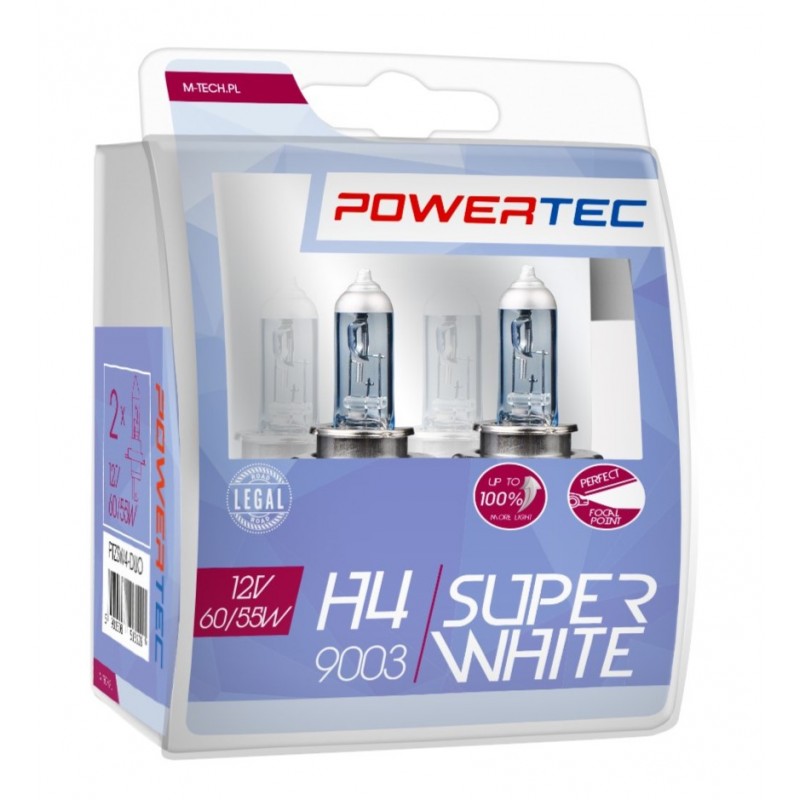 PowerTec Zestaw żarówek H4 12 V 60/55W 4200K SuperWhite Up 100%