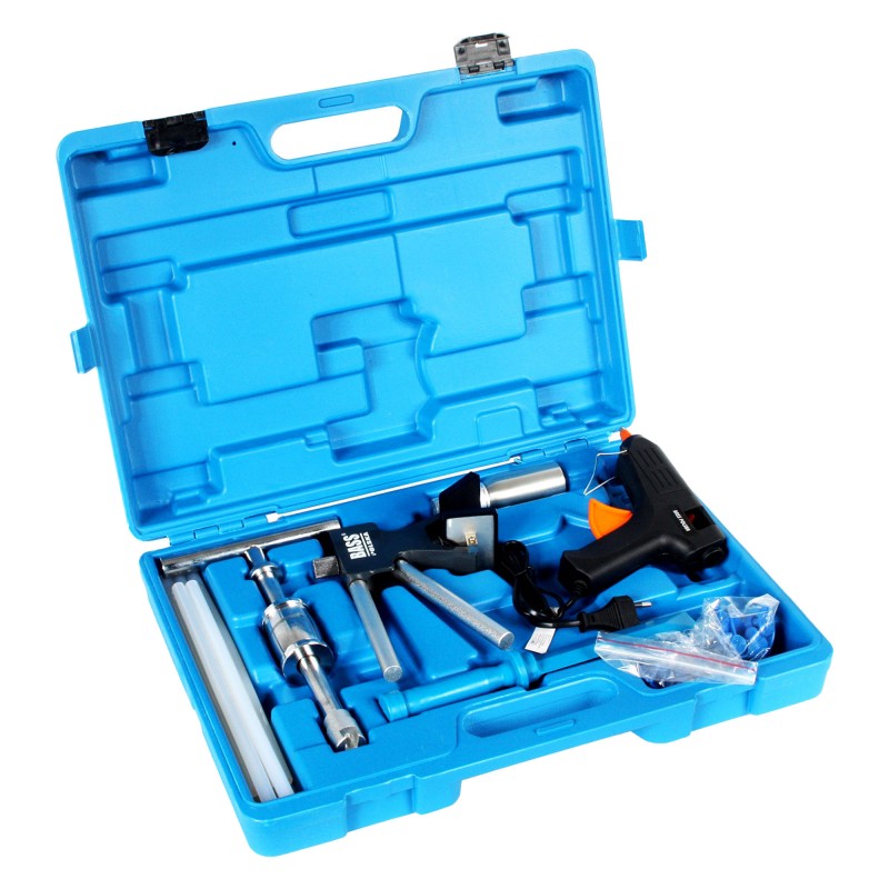 Zestaw do usuwania wgnieceń PDR Bass Polska — 32 elementy, pistolet na gorąco, puller, adaptery i akcesoria