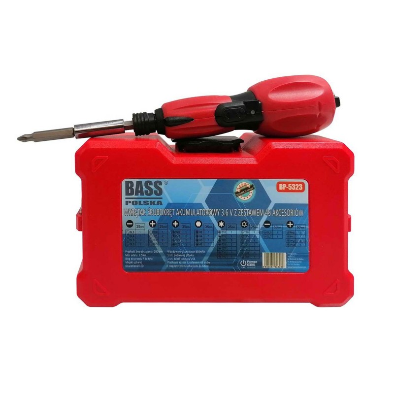 Elektryczny wkrętak akumulatorowy 3,6 V z zestawem 45 bitów – Bass Polska 5223