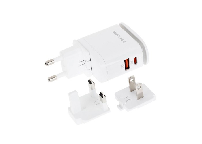 WAYME Ładowarka sieciowa 25W z adapterami – USB-C PD + QC3.0 + lampka LED | EU, UK, USA