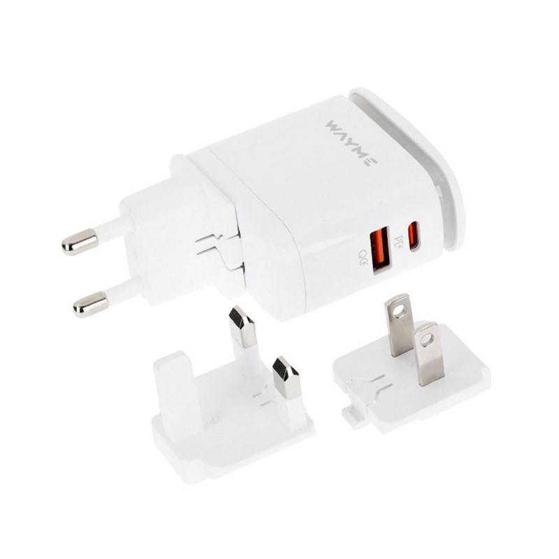 WAYME Ładowarka sieciowa 25W z adapterami – USB-C PD + QC3.0 + lampka LED | EU, UK, USA