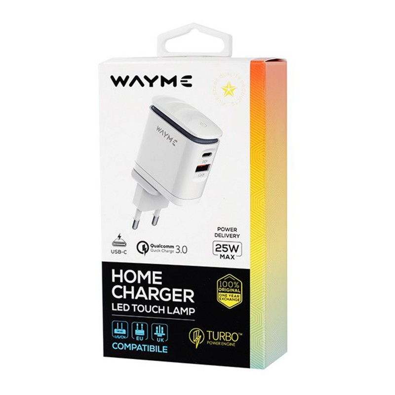 WAYME Ładowarka sieciowa 25W z adapterami – USB-C PD + QC3.0 + lampka LED | EU, UK, USA