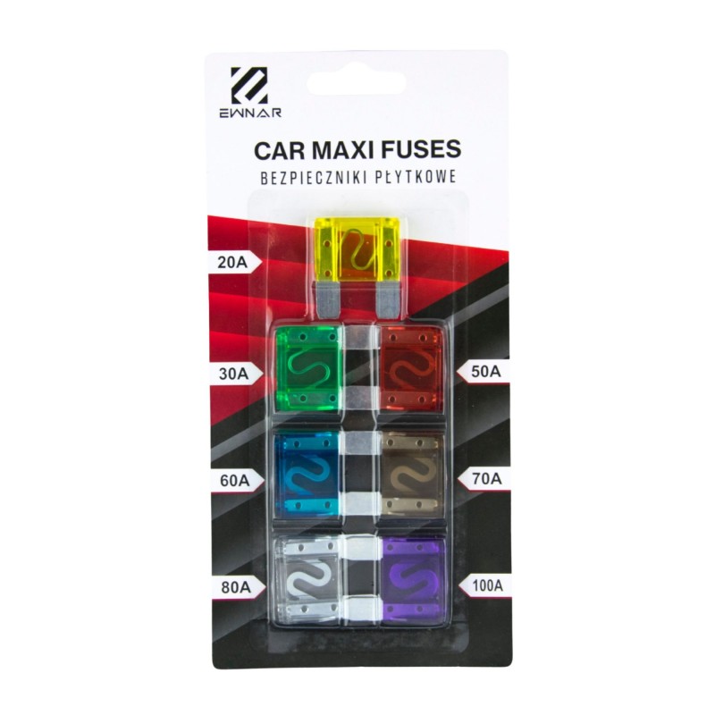 Zestaw bezpieczników płytkowych MAXI 7 szt - 20A`30A`50A`60A`70A`80A`100A