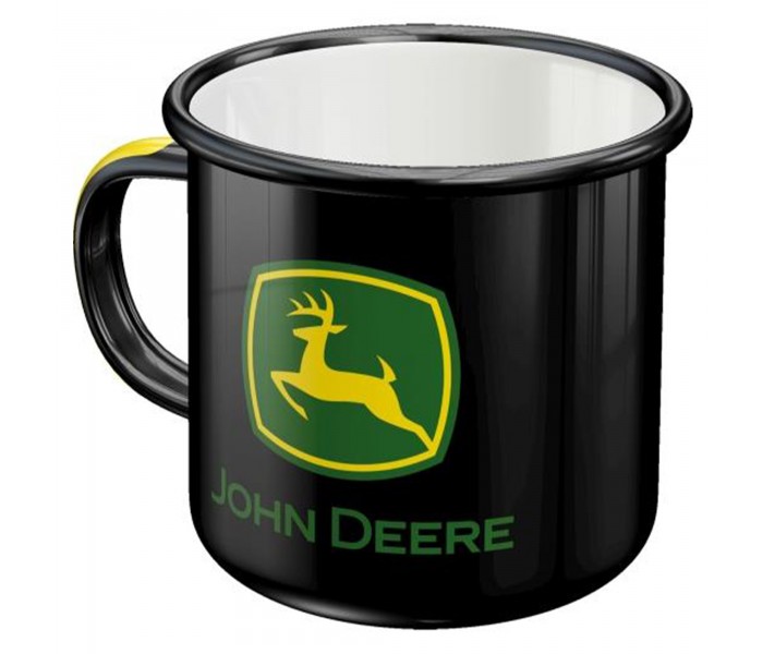 Emaliowany Kubek z Logo John Deere - Czarna Elegancja dla Prawdziwych Fanów!