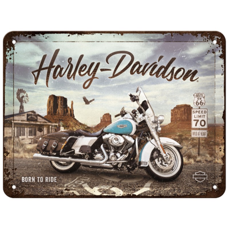 Metalowy plakat 15x20 Harley Davidson Road King Classic Route 66, który przemienia ścianę w trasę niekończącej się wolności!