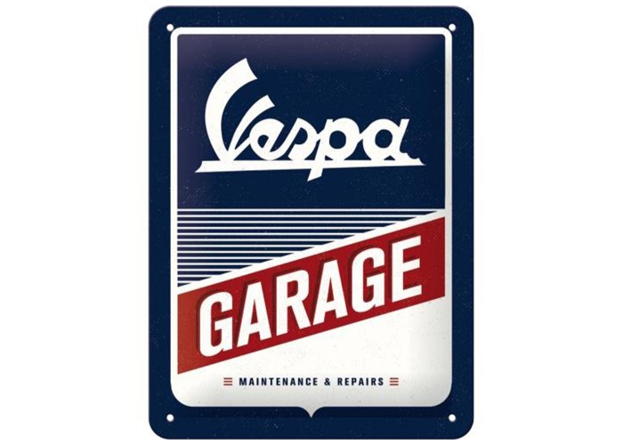 Plakat Metalowy 15x20 Vespa Garage - Kultowa Dekoracja z Motoryzacyjną Duszą!