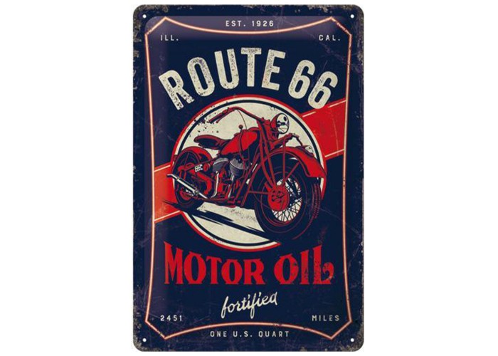 Metalowy Plakat 20x30 Route 66 Motor Oil - Industrialny Styl z Charakterem