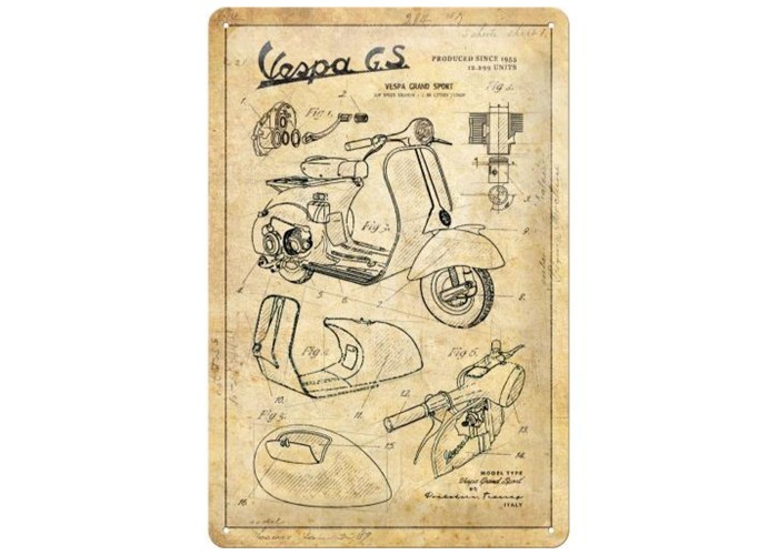 Metalowy Plakat 20x30 Vespa-Parts Sketch - Idealny Akcent do Każdego Wnętrza