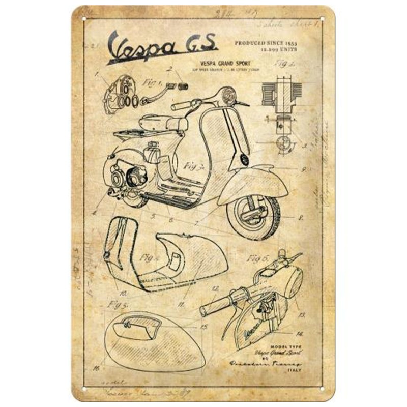 Metalowy Plakat 20x30 Vespa-Parts Sketch - Idealny Akcent do Każdego Wnętrza
