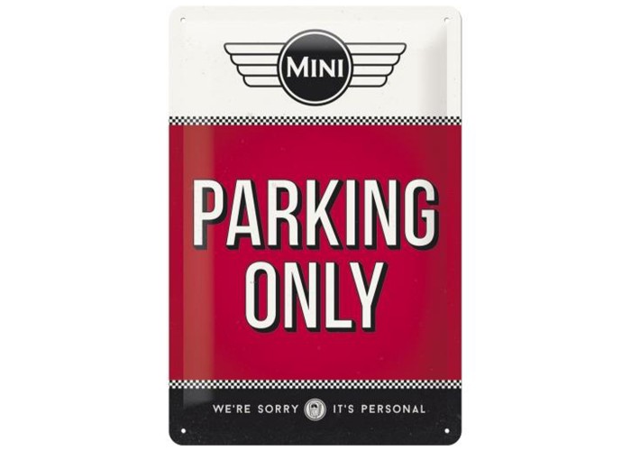 Metalowy Plakat Parking Only Mini – Ikona Stylu i Pasji w Twoim Garażu!