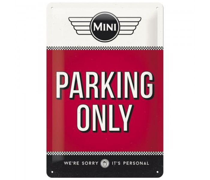 Metalowy Plakat Parking Only Mini – Ikona Stylu i Pasji w Twoim Garażu!